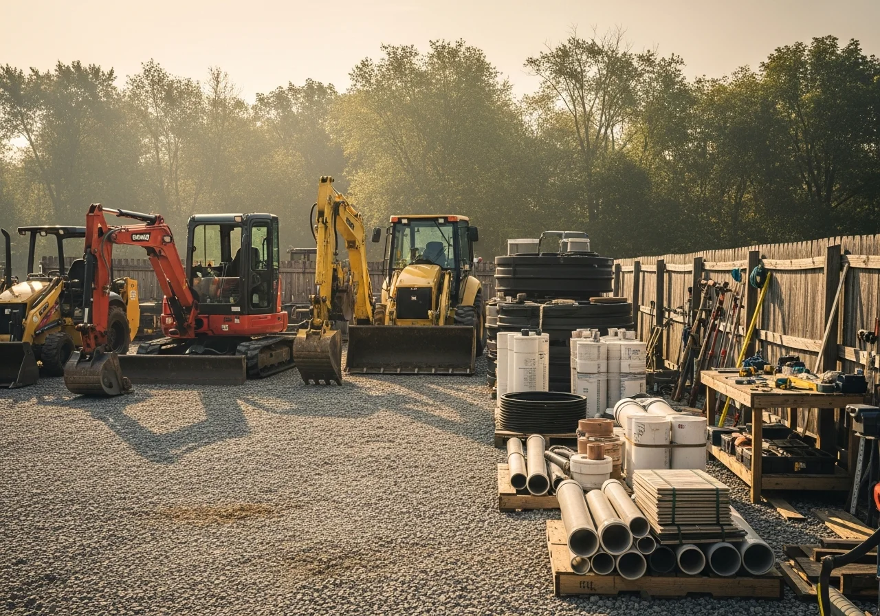 Excavation equipment and crew tools staged at job site, ready for sewer repair and grading work.