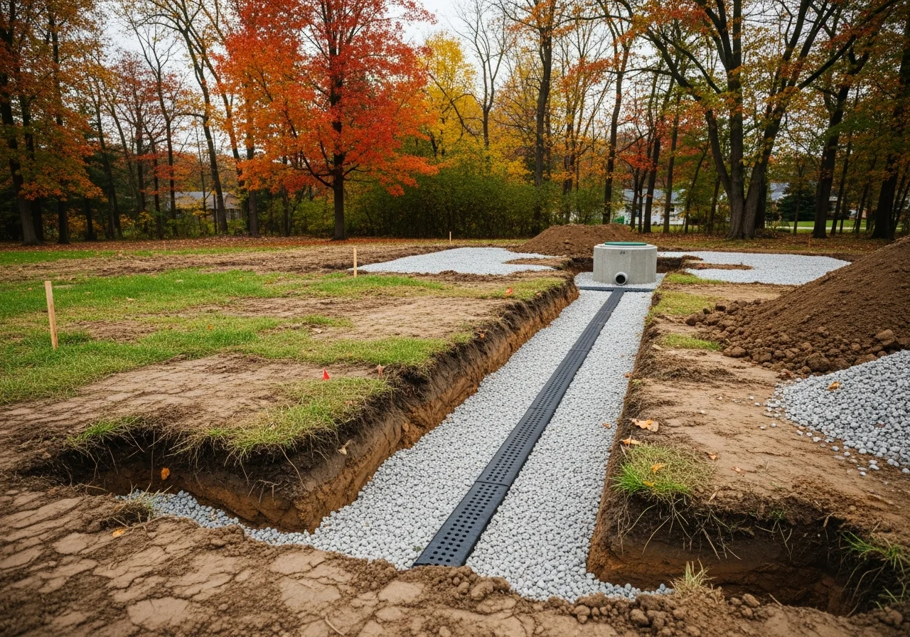 Completed septic tank installation with visible drain field trenches and gravel distribution