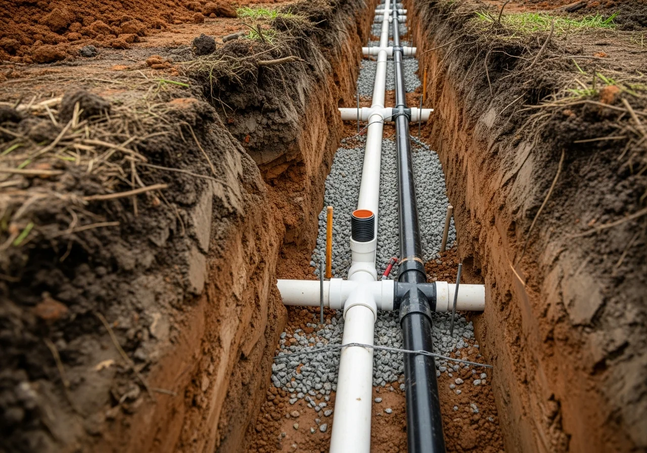 Excavated trench showing new PVC sewer and water lines installed side by side with proper bedding material