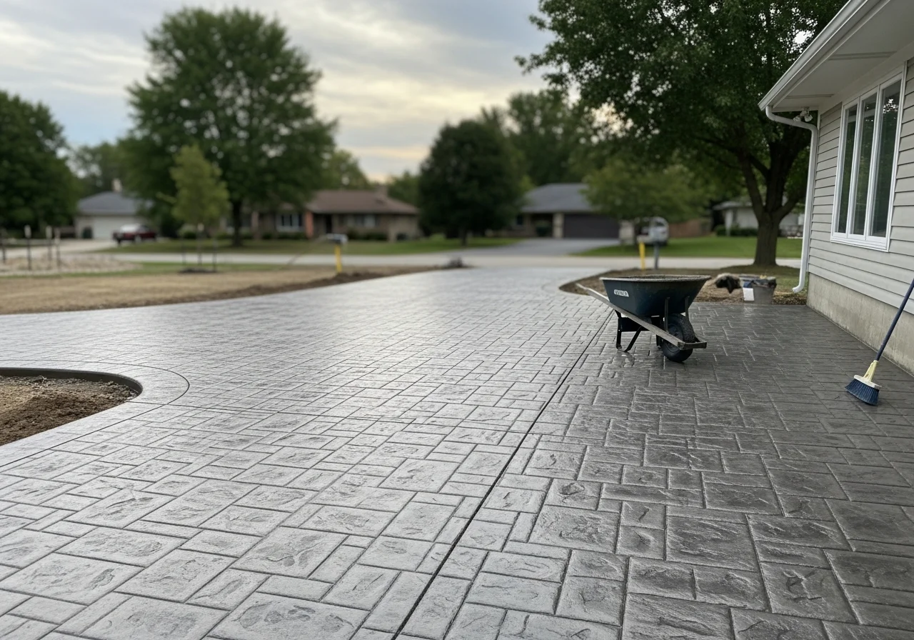 Finished stamped concrete patio with ashlar slate pattern and matching driveway apron