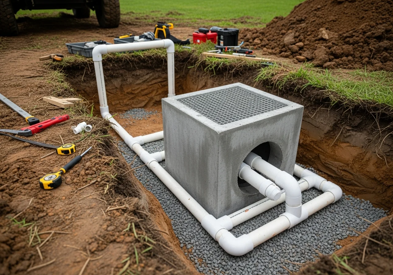 Excavated septic drain field with new PVC distribution lines and concrete box installation