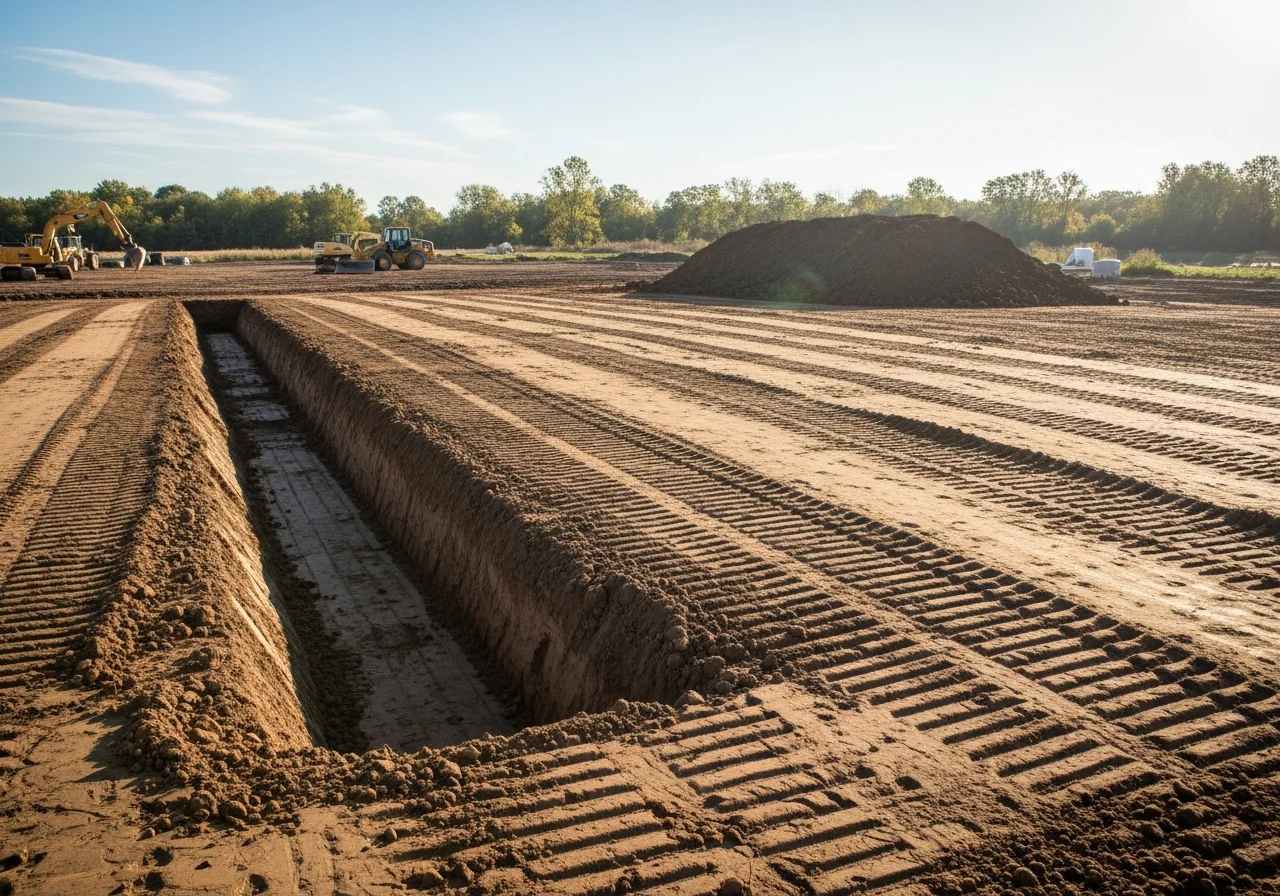 Excavator working on graded commercial site with cleared land and compacted soil