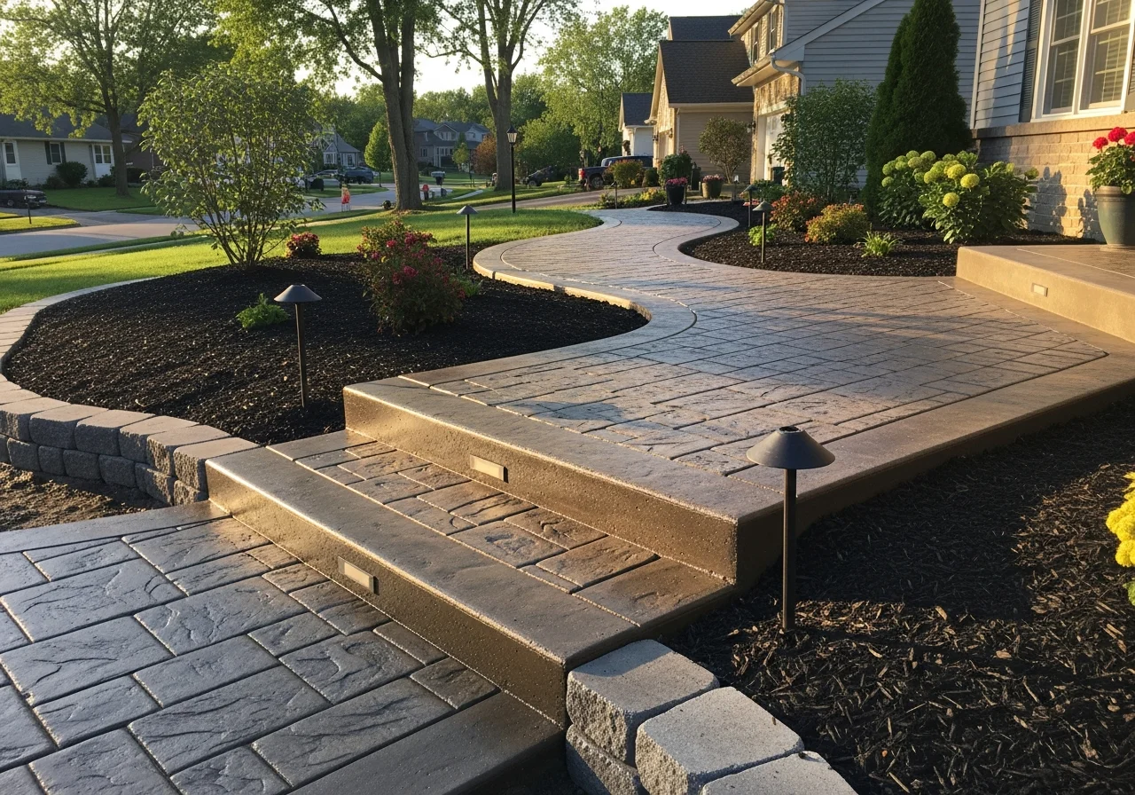 Stamped decorative concrete walkway and steps with earth-tone finish and integrated landscape lighting
