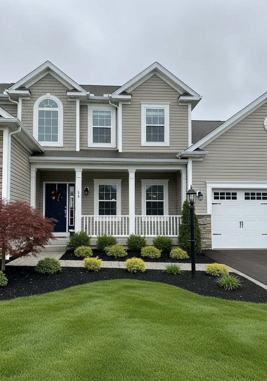 Close-up of a Medina home's front entrance with landscaping and welcoming porch area.