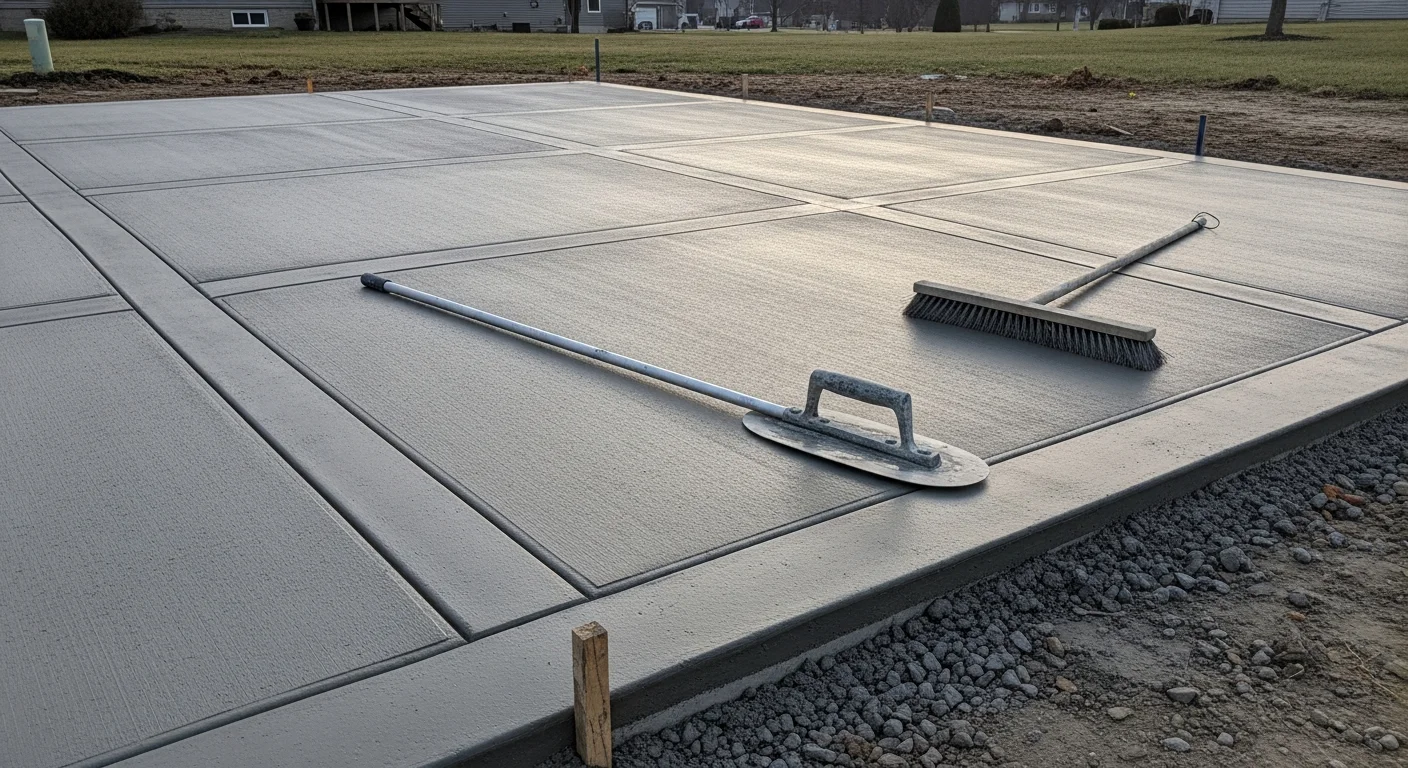 A freshly broom-finished concrete driveway slab at a residential property in Medina, Ohio, with clean edges and consistent surface texture. The slab shows proper drainage slope away from the attached garage.