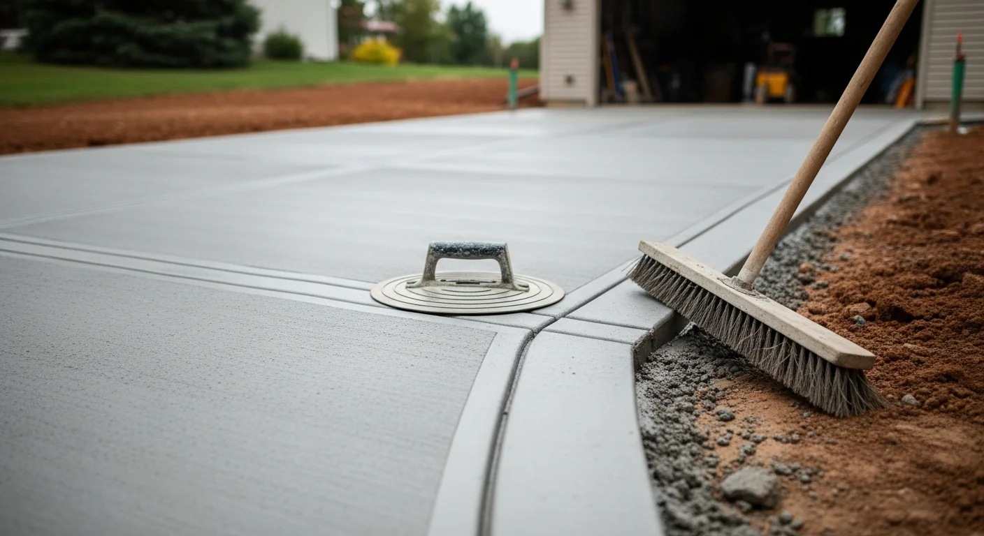 Freshly poured and finished concrete driveway at a residential property in Medina, Ohio, with clean edges, smooth surface texture, and proper slope away from the garage. A concrete contractor crew works in the background completing the flatwork installation.