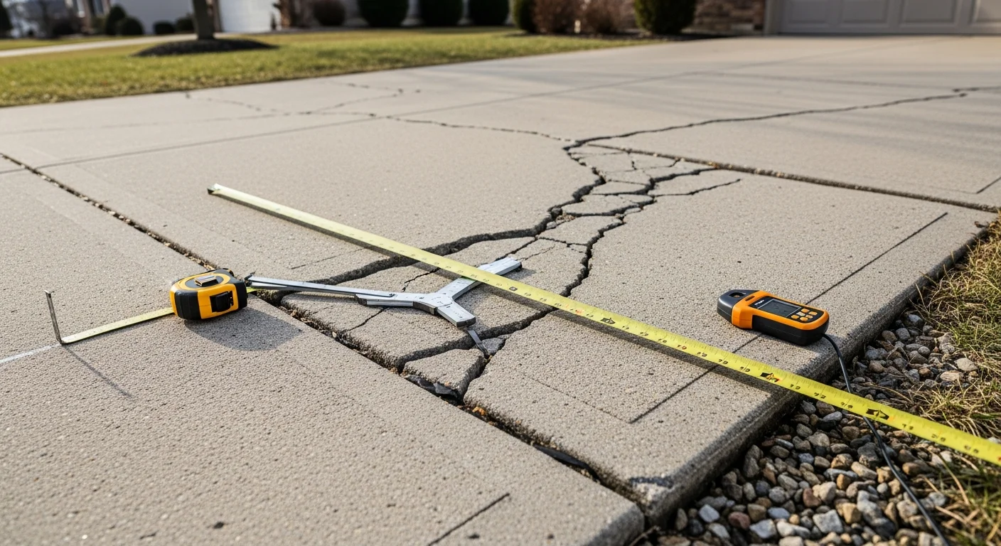 A repaired residential concrete driveway in Medina, Ohio, showing smooth, crack-free slabs with clean joints after professional concrete repair work. The surface is level with no visible spalling or settlement gaps.