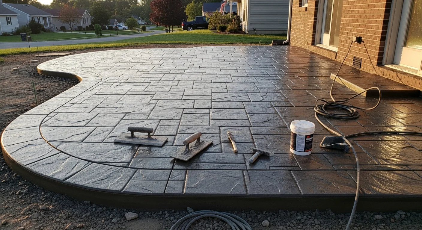 A stamped concrete patio with a stone-pattern finish installed behind a residential home in Medina, Ohio. The surface shows defined texture and color with clean edges along a grass border.