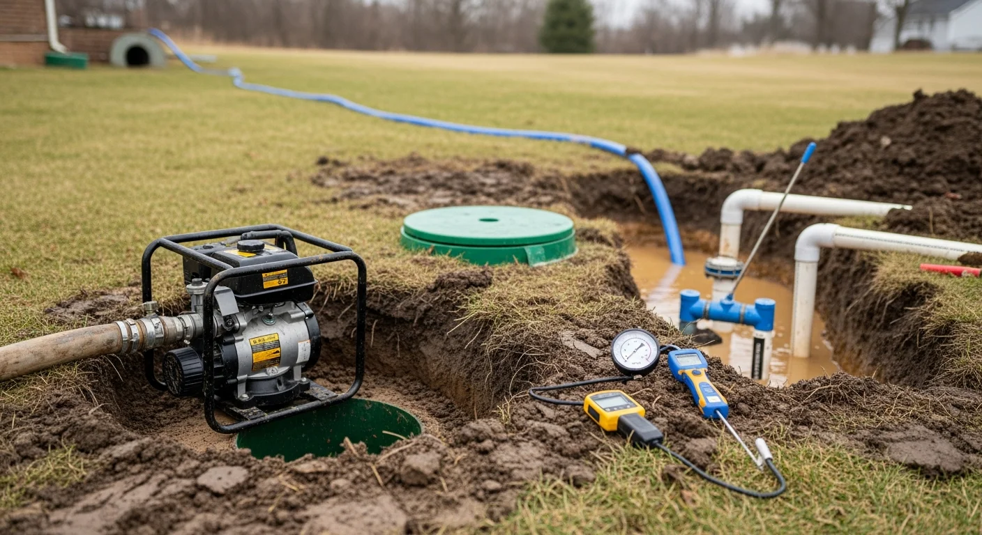 A septic contractor from Hardline Enterprises LLC inspecting an open septic tank access point in a residential backyard in Medina, Ohio. The surrounding lawn shows signs of recent excavation near the tank lid during an emergency repair visit.