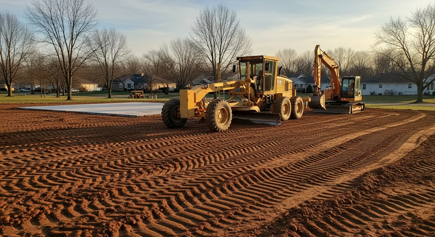 A graded residential lot in Medina, Ohio with freshly compacted soil sloped away from a home's foundation. An excavating contractor's equipment sits in the background on a cleared, level building pad.