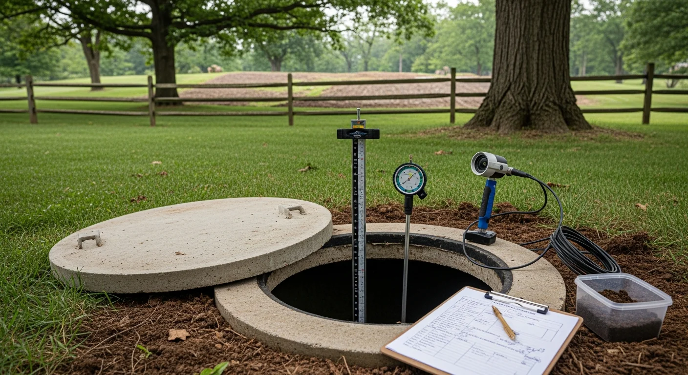 A septic system contractor from Hardline Enterprises LLC inspecting an open septic tank lid at a residential property in Medina, Ohio. The technician examines the inlet baffle and tank interior in a grassy backyard setting.