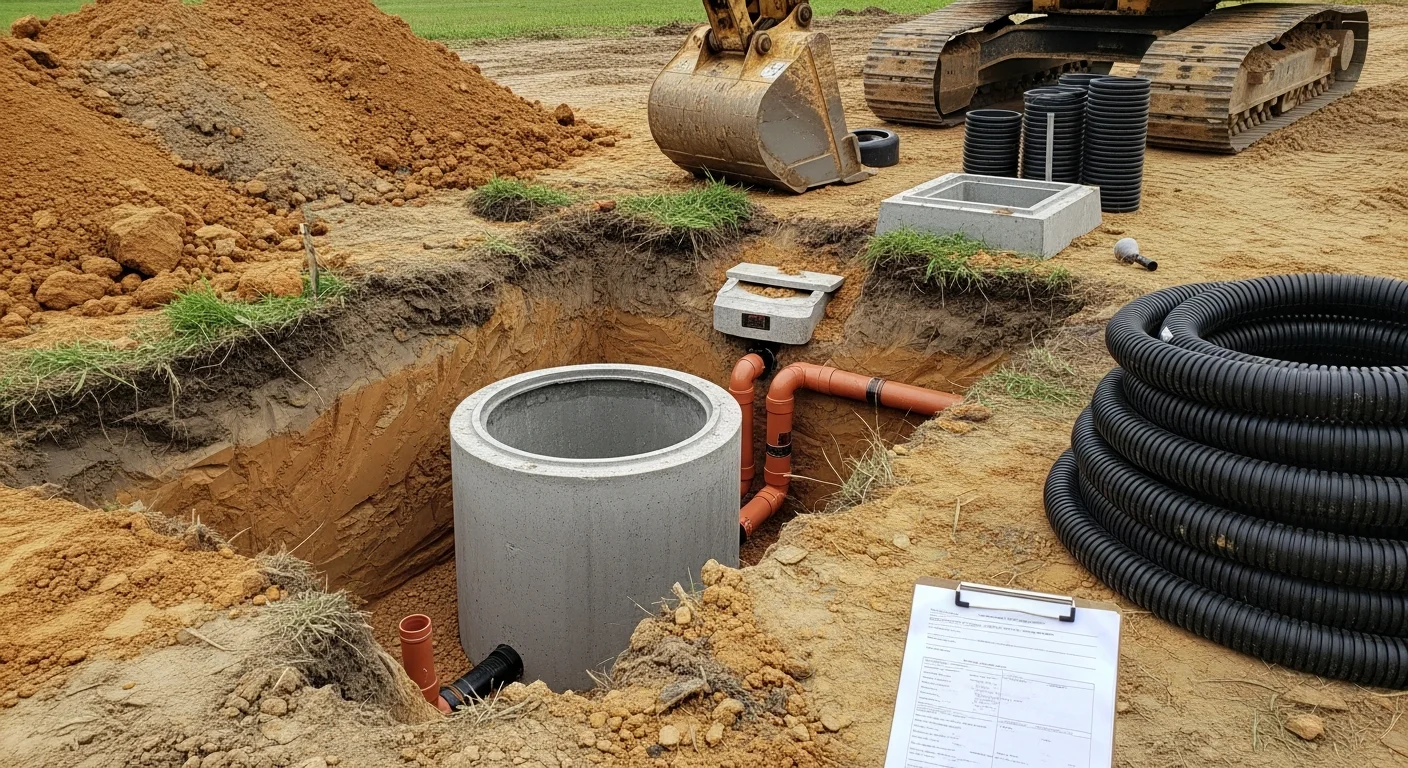 A newly installed septic system on a residential lot in Medina, Ohio, showing a buried tank with grade-level access risers and a prepared drain field area. The surrounding yard has been graded and seeded following installation.