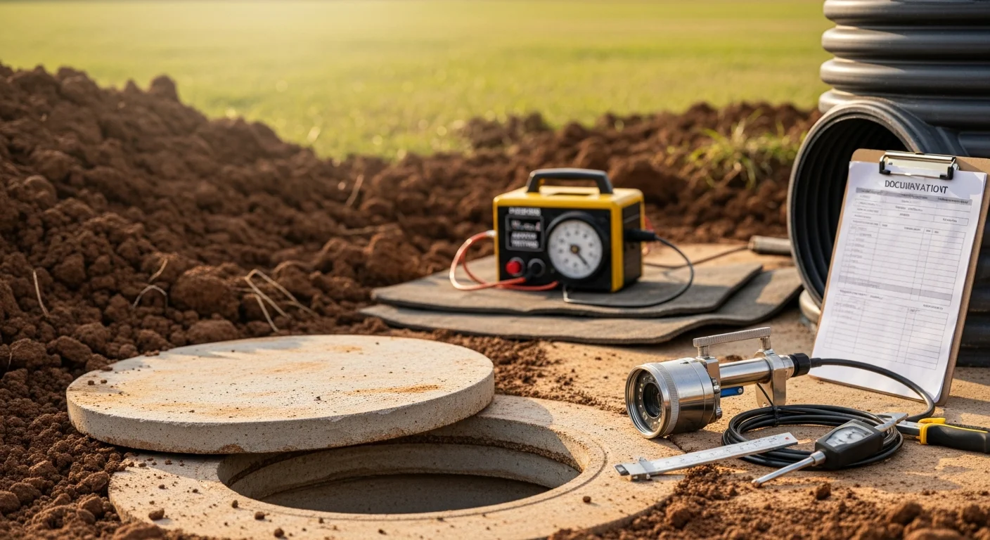 A septic system maintenance technician from Hardline Enterprises LLC inspecting an open septic tank access port on a residential property in Medina, Ohio. The surrounding yard shows a grass-covered drain field on a typical Medina County residential lot.