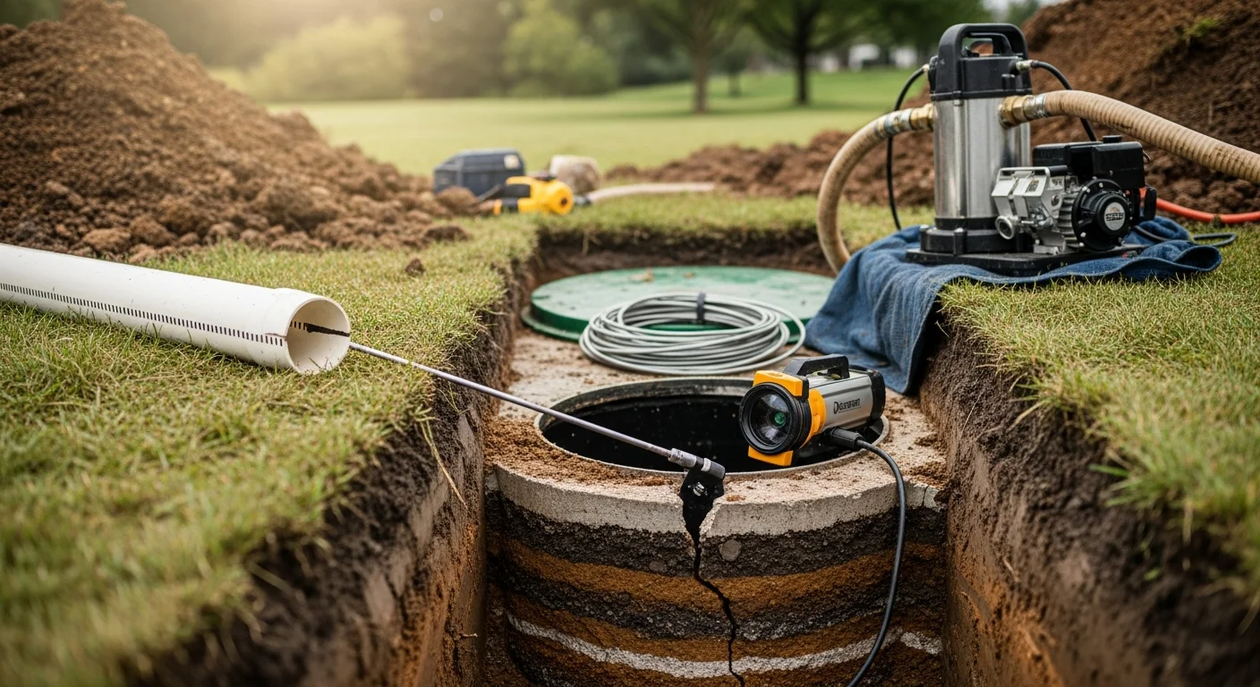 A septic system repair technician inspecting an open tank lid on a residential property in Medina, Ohio. Exposed tank components and surrounding lawn are visible in a typical Medina County yard setting.