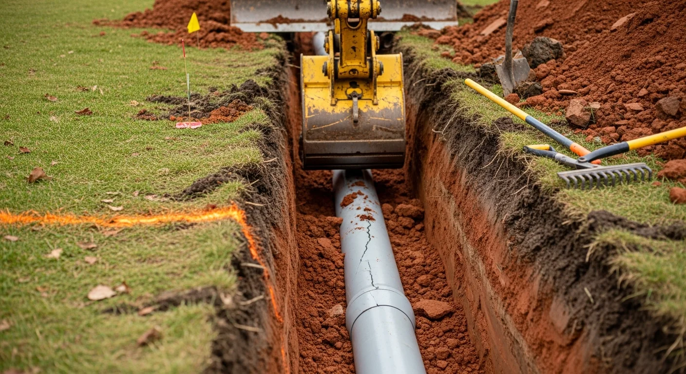 An open excavation trench in a residential yard in Medina, Ohio, exposing a damaged sewer lateral line during repair by Hardline Enterprises LLC. A tracked excavator sits beside the trench with clay soil stockpiled along the edge of the dig site.