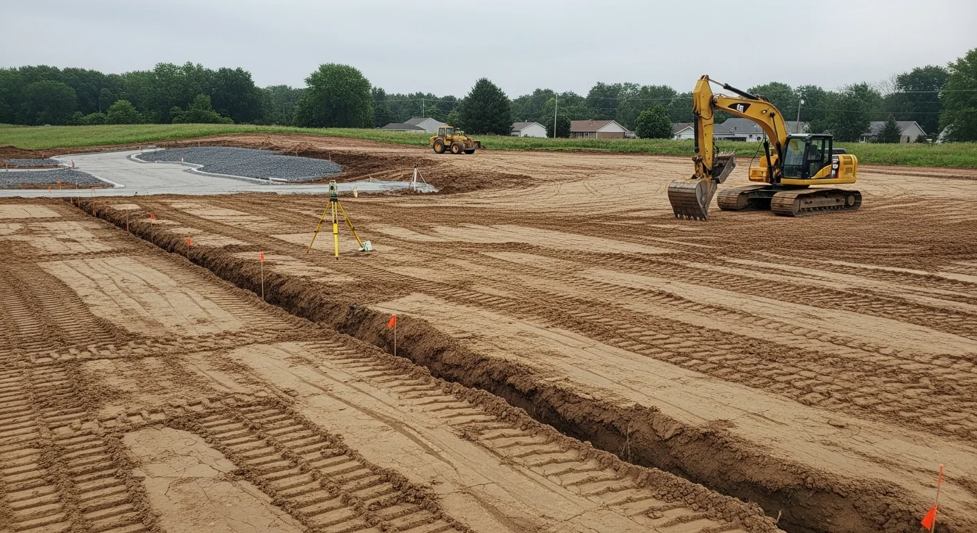 A Hardline Enterprises LLC excavator grading and clearing a residential construction lot in Medina, Ohio. The site shows freshly leveled soil with visible grade work and cleared land ready for foundation work.