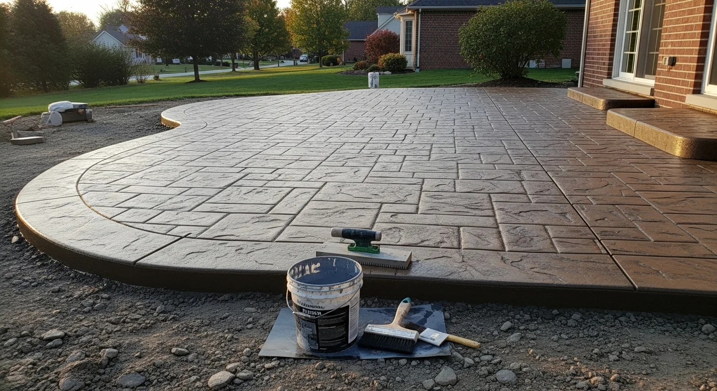 Freshly installed stamped concrete patio with a stone pattern and earth-tone coloring behind a residential home in Medina, Ohio. The surface shows clean stamp impressions, defined control joints, and a sealed finish.