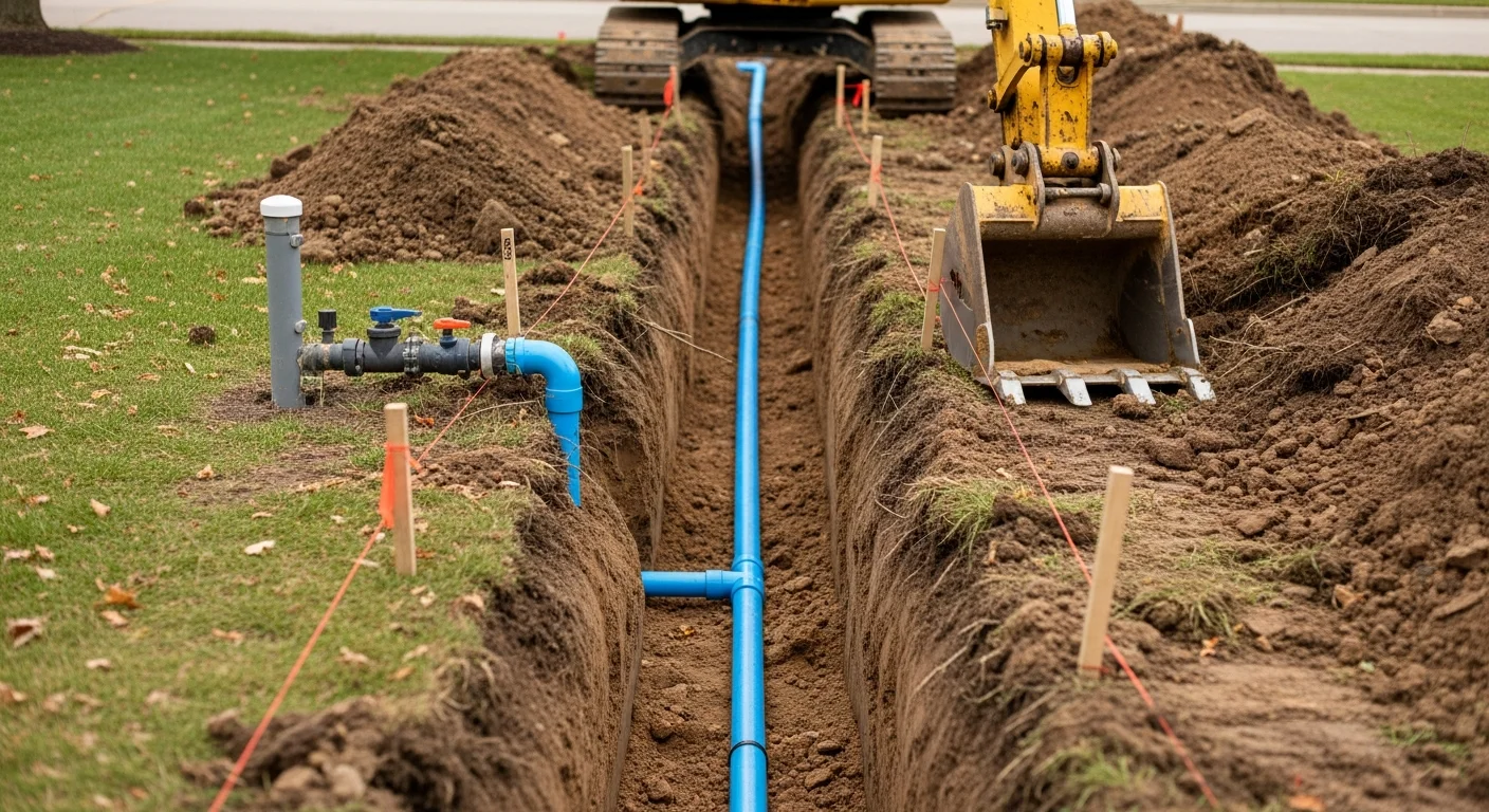 An excavator digging a deep service line trench across a residential yard in Medina, Ohio, with exposed soil and a new waterline run visible in the ground. A contractor inspects the trench depth before backfill begins.